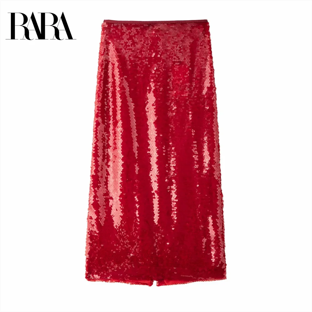 2024 RARA back slit sequins decoration hip-wrapped slim skirt winter women's high waist simple skirt