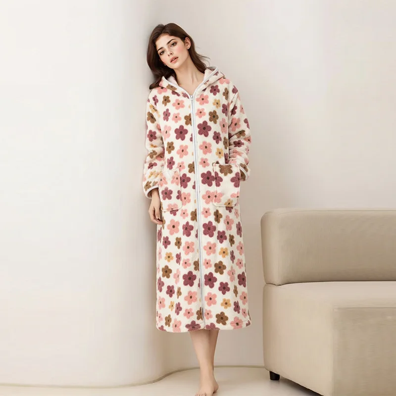 Winter Thick Warm Nightwear Women's Flannel Zipper Robe For Ladies Coral Fleece Long Korean-style Homewear Lazy Dressing Gown