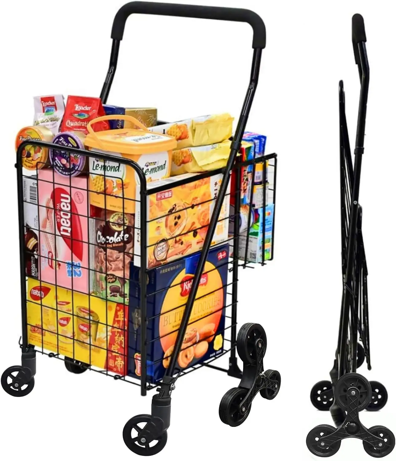 

Складная тележка для покупок с поворотом на 360 градусов ° Поворотные колеса, колеса для подъема по лестнице, трехколесные колеса, пенопластовые накладки для прачечной и путешествий