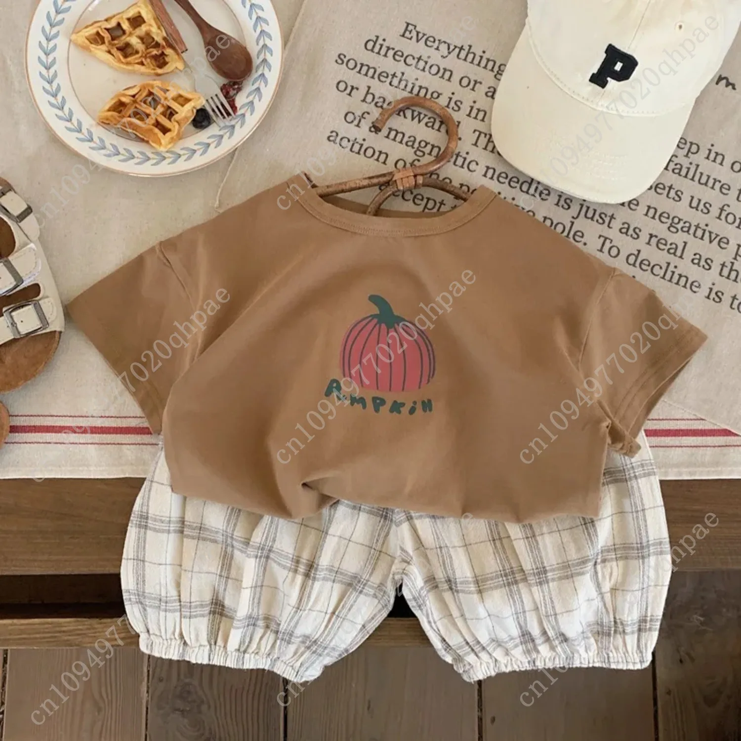 Vêtements pour enfants T-shirt imprimé petite citrouille décontracté ample col rond hauts garçons et filles mince coton couleur