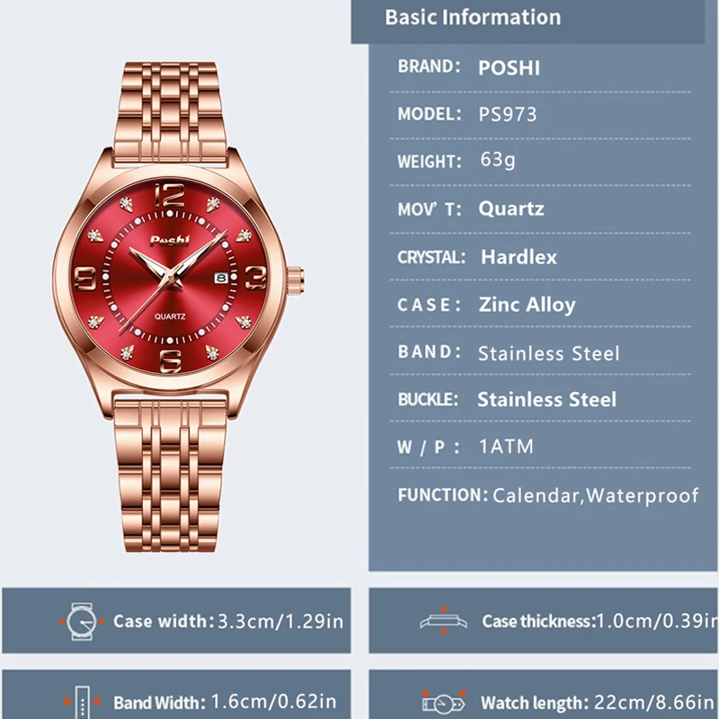 POSHI Women Watches Fashion Stainless Stain Steel Ladies Watch Waterproof Rose Gold Quartz Wristwatch Romatic Girlfriend Gift