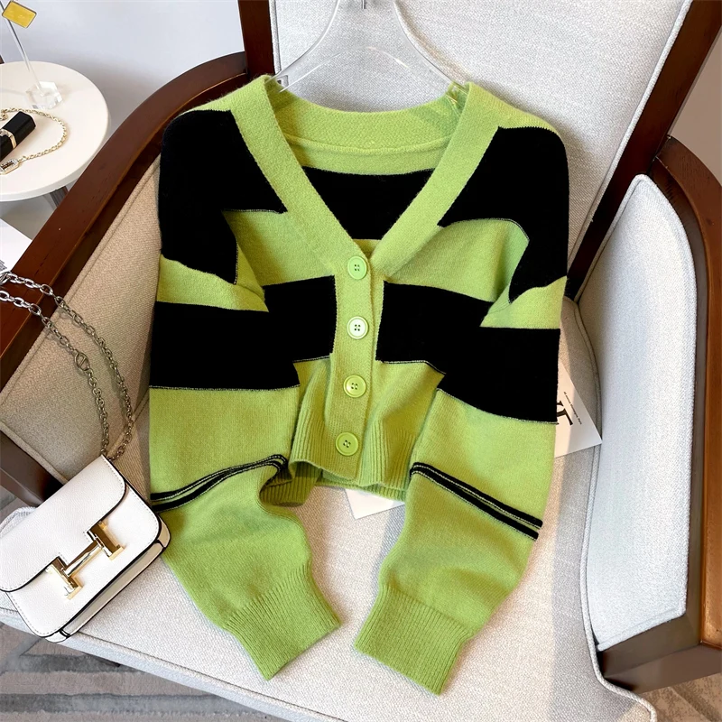 

Elegant Contrasting Striped Knit Cardigan Sweater V-neck Long Sleeves Short Thin Top Korean Style Sweet Single Breasted Jacket