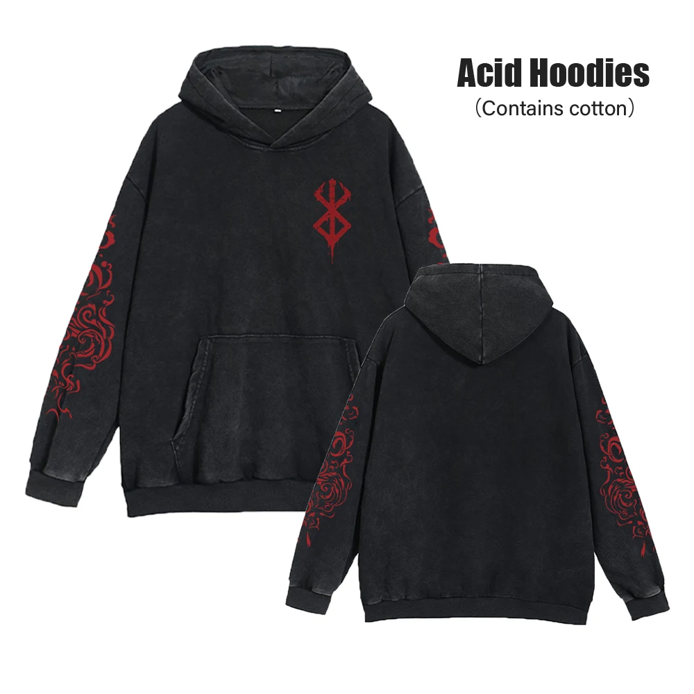 Anime Acid Print Sweatshirts Berserk Guts Men\'s Washed Hoodie Harajuku Autumn Winter Streetwear Clothe Plus Size Black Hoodie