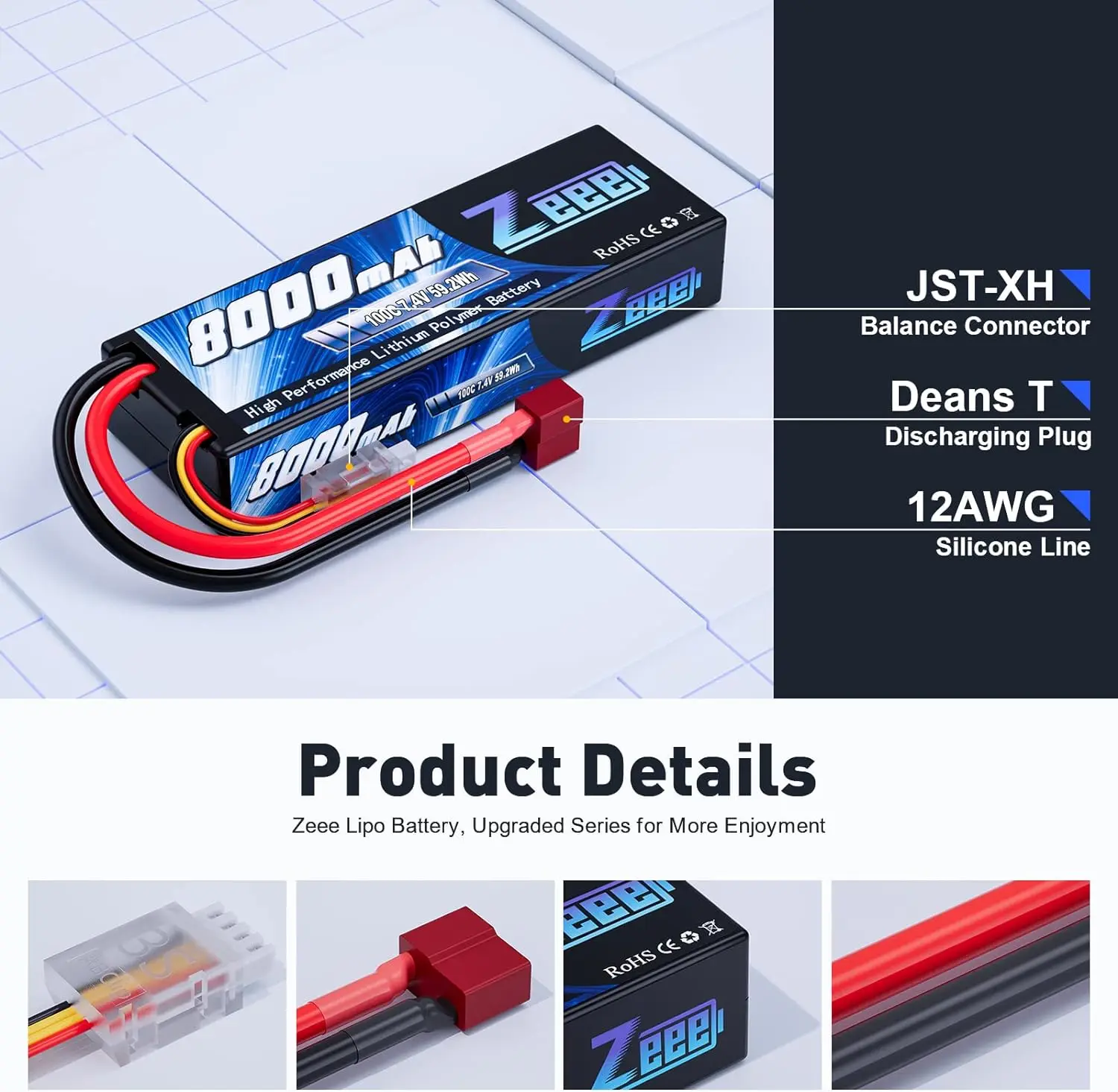 Zeee 2S Lipo Battery 7.4V 100C 8000mAh Hardcase RC Battery Deans Plug for RC Car Tank Truck Boat Helicopter FPV Drones RC Parts