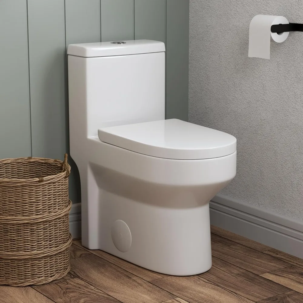 

Compact One Piece Toilet with Comfortable Seat Height, Small Modern Standard Toilet for Small Bathroom, Dual Flush 1.