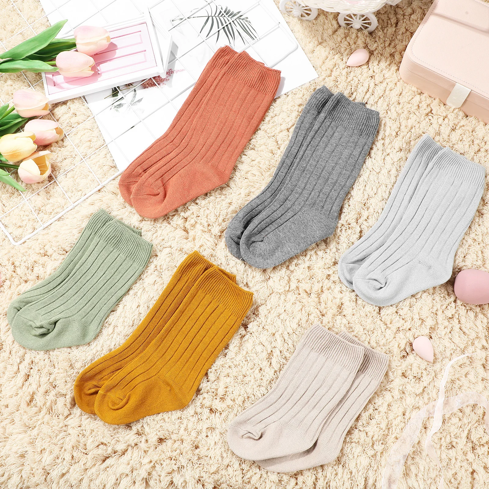 

6Pairs Baby Knee Socks Combed Cotton Soft Breathable Non Slip Infant Tall Socks for Newborn Boys Girls Multicolor