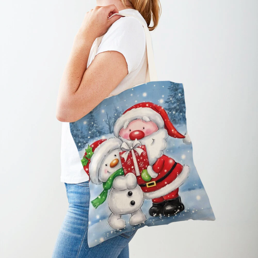 

Snowman Tote Merry Christmas Women Handbag Cute Cartoon Santa Claus Both Print Canvas Casual Lady Student Shopping Bags