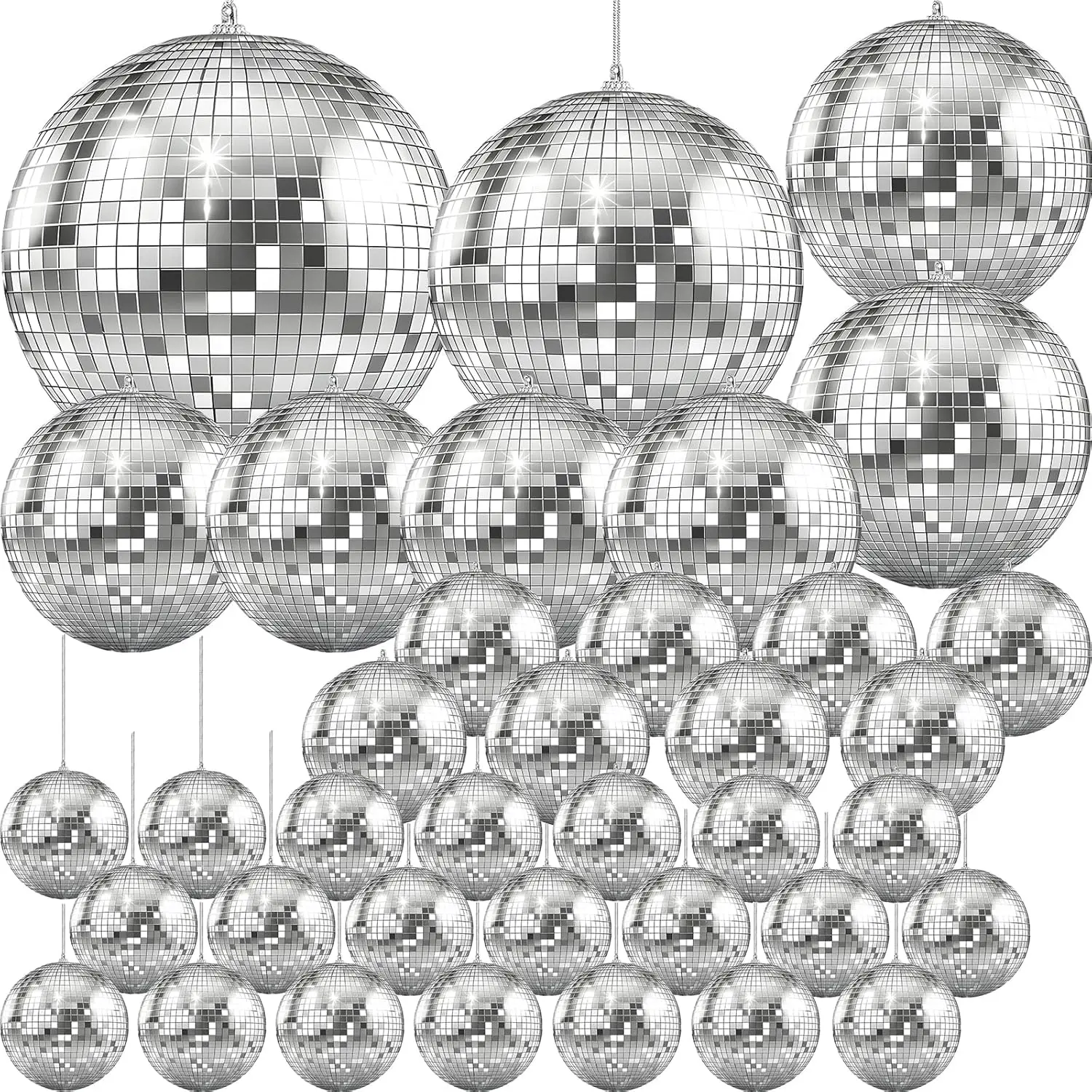 

Mirror Disco Ball 36-Pack Variety of Sizes, Silver Hanging Ball with Attached String for Ring