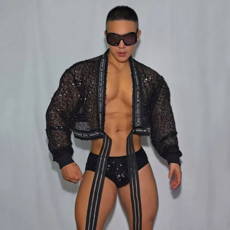 discotheque-bar-dj-male-danseuse-gogo-pole-danse-costume-noir-blanc-paillettes-cardigan-veste-shorts-rave-tenue-carnaval-spectacle-porter