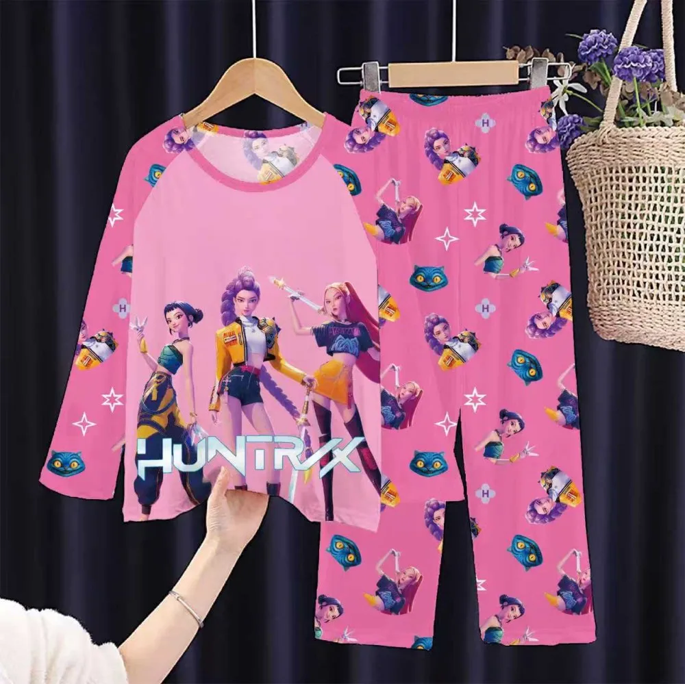 Pyjamasets voor meisjes van 3-12 jaar, Koreaanse tienerpyjama's in roze en paars, lange mouwen, kinderpyjama's, pyjama's voor jongens, 2-delige kinderkleding