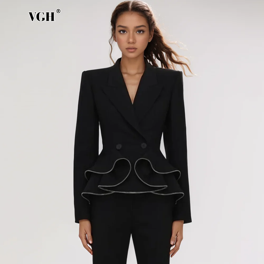 

VGH Solid Patchwork Ruffles Short Blazers For Women Notched Collar Long Sleeve Spliced Double Button Slimming Blazer Female New