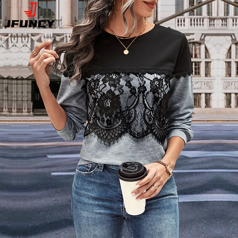 

JFUNCY Fashion Women's Pullover Hoodies Autumn Woman Sweatshirts Black Lace Decorate Long Sleeve Women Streetwear Womens Tops