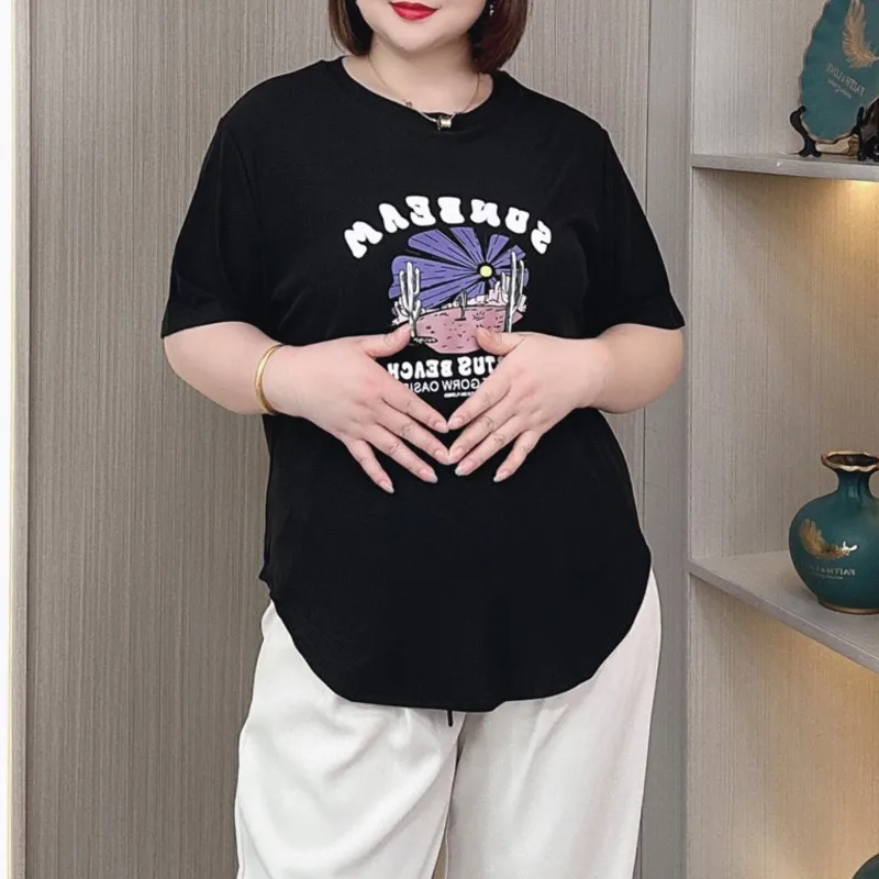 Summer Short Sleeve T-shirt Women 2024 New Plus Size Tees Loose Cactus Print Thin Top