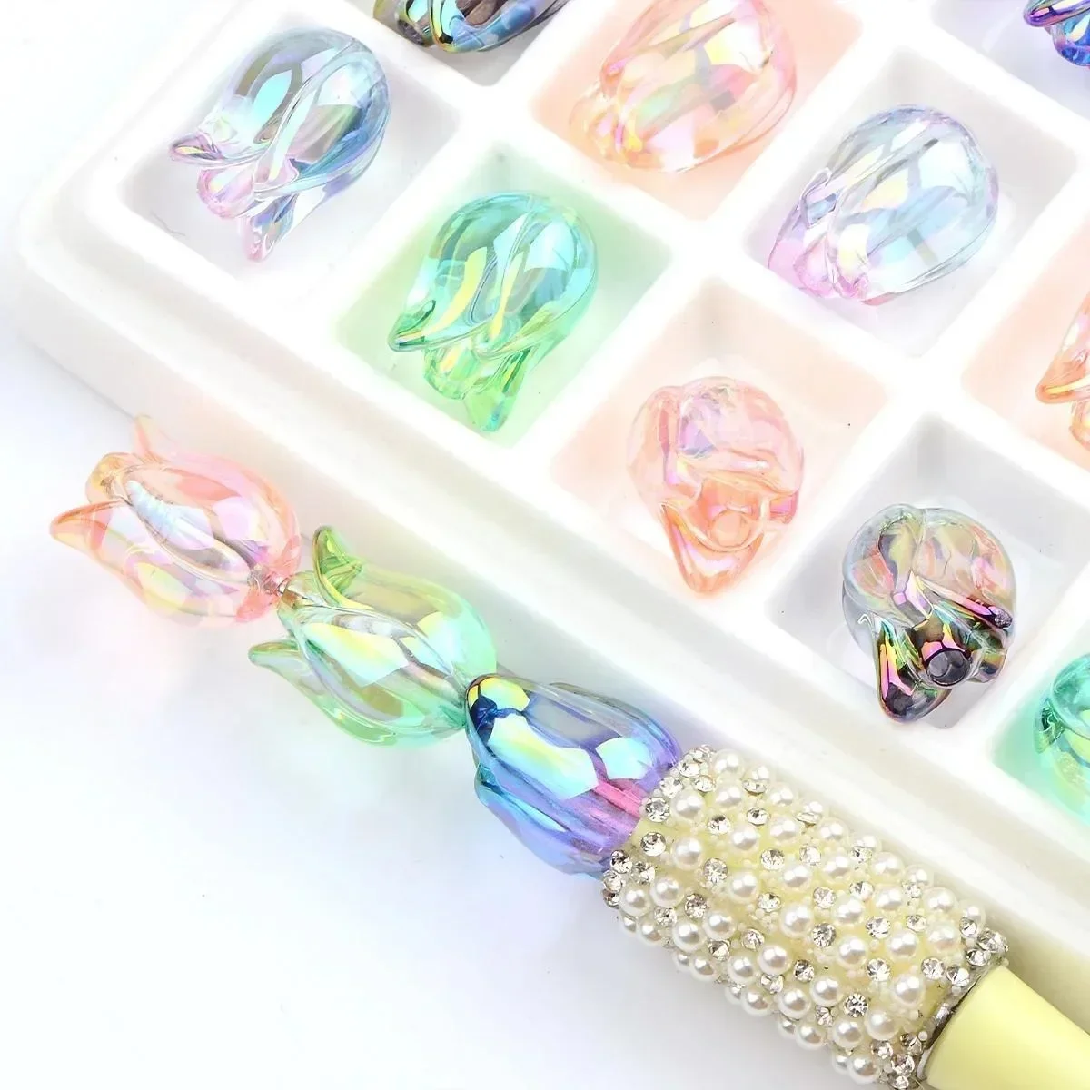 10pcs/20pcs Random Color Gradient Colorful Tulip Flowers Acrylic Spacer Beads for Jewelry Making Diy Bracelet Ornaments