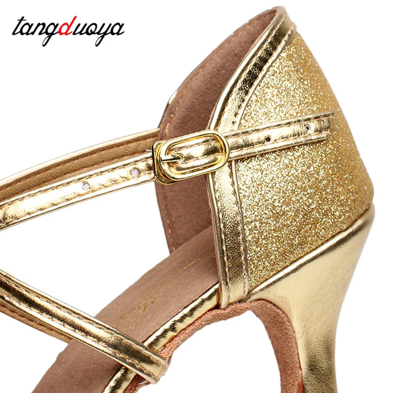 Zapatos de baile dorados para mujer, sandalias plateadas de tacón alto de 5/7cm para baile de salón, salsa latina y tango