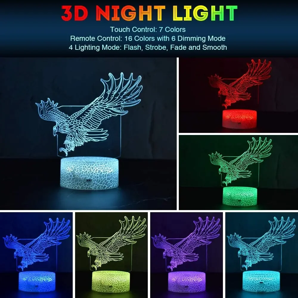 3D Eagle LED Night Light com controle remoto sem fio, abajur, decoração do quarto, iluminação interior, presente de Natal e aniversário, 16 cores