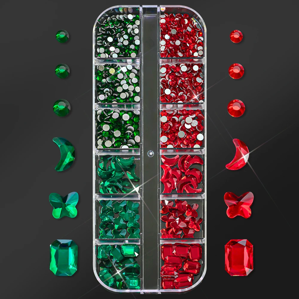 12 grilles de noël rouge vert, pierres précieuses pour ongles, strass à dos plat, papillon lune, forme ronde, cristal, diamant, accessoire de manucure