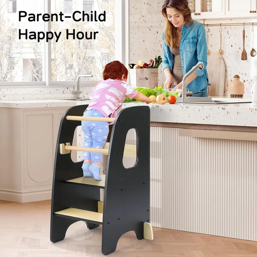 Anti-Tip Toddler Kitchen Helper Stool, Rounded Edge, Removable Rail, for Ages 1.5-6, Black