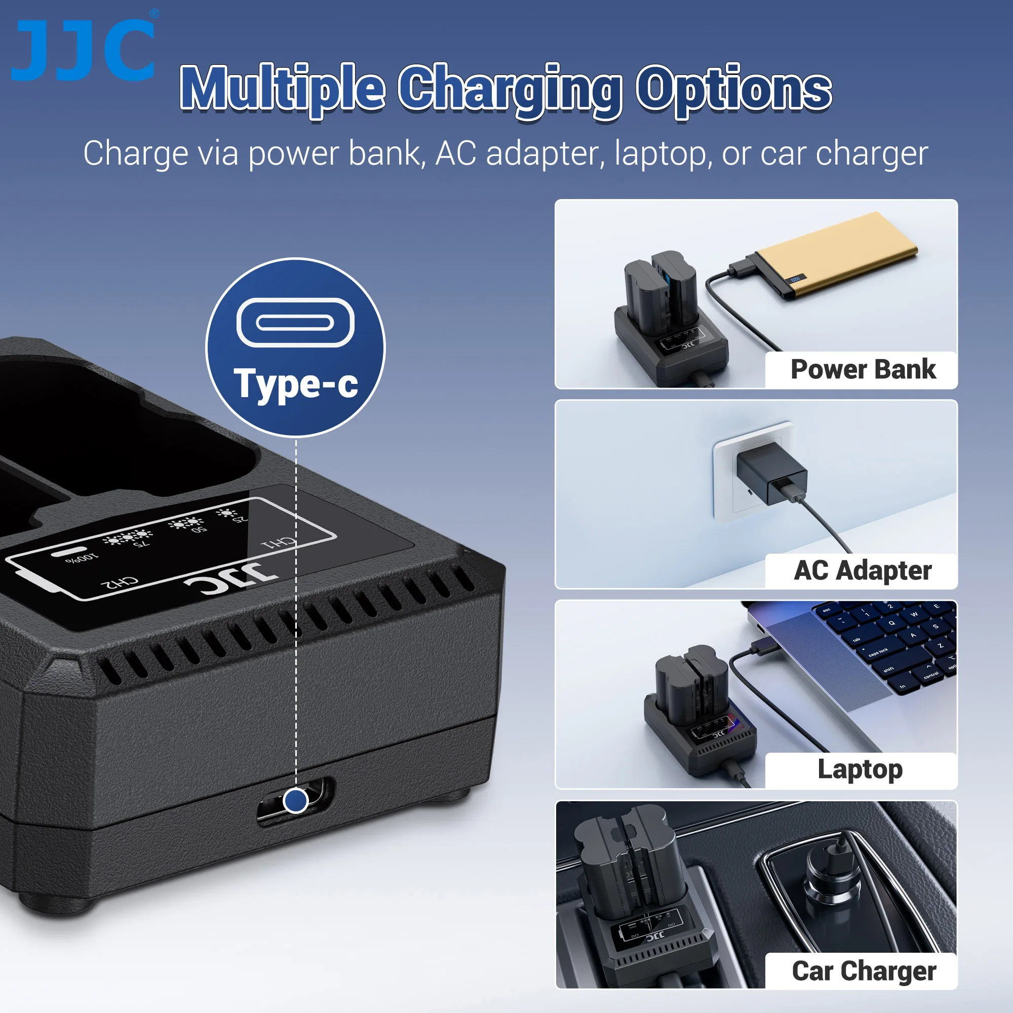 JJC USB C デュアルバッテリー充電器 富士フイルム X-E5 X-E4 X-T20 X
