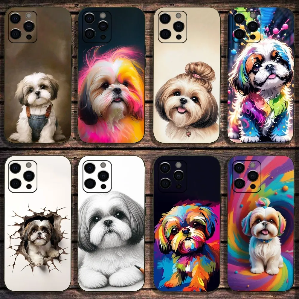 Shih Tzu Painting Cute Animal Phone Case For Apple iPhone 15,14,13,12,11,Pro,X,XS,Max,XR,Plus,Mini Soft Black Cover