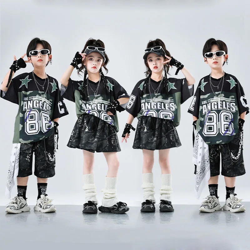 

Kid Kpop Hip Hop Clothing Army Green Camo T Shirt Top Print Casual Cargo Shorts Pleated Skirt for Girl Boy Dance Costume Clothes