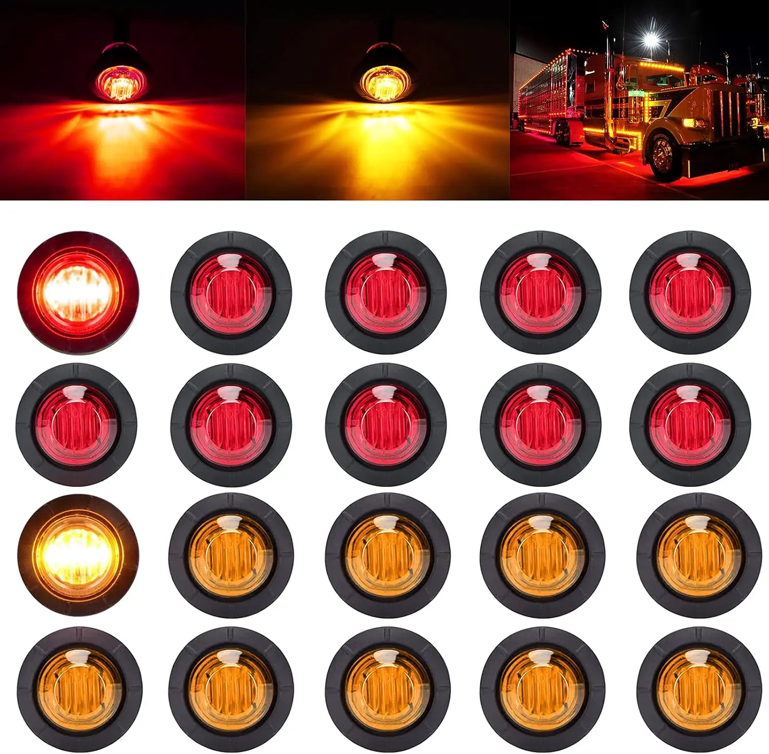 

3/4 Inch Waterproof LED Trailer Marker Lights, Red & Amber, 20pcs for Trucks, RVs, Boats