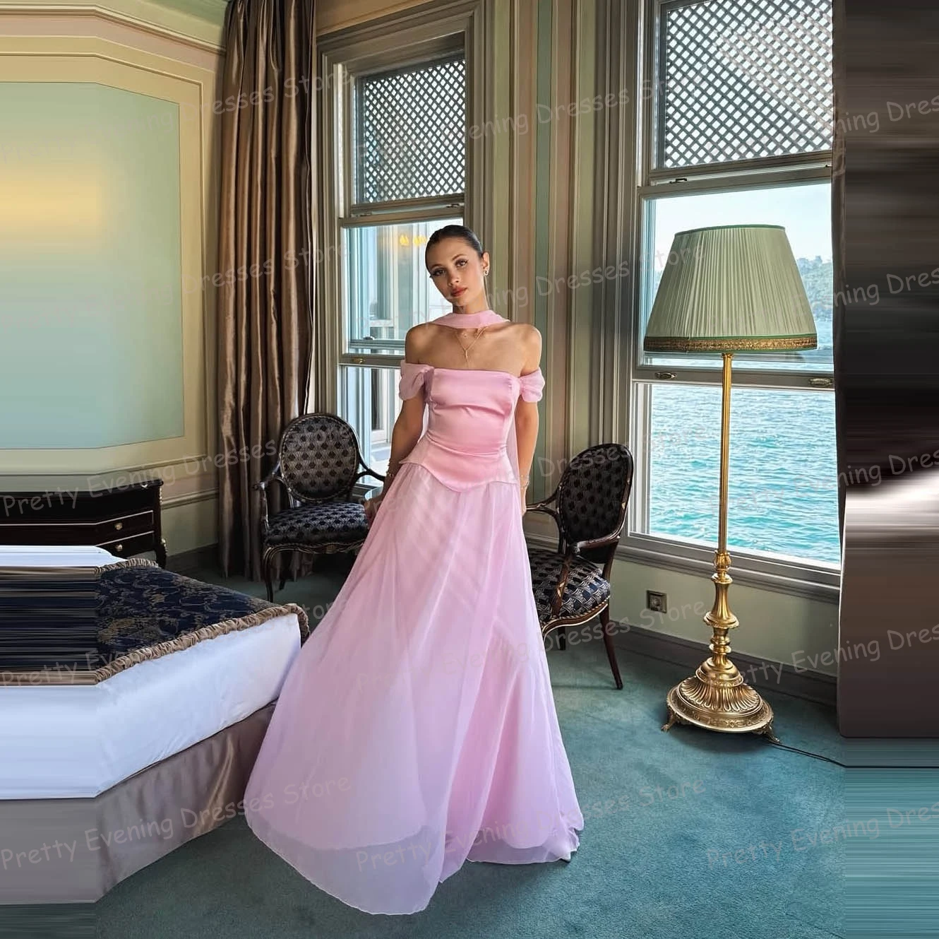 

Simple Pink Evening Dresses A Line Woman's Prom Gowns Sleeveless Shawl Beach Party Customized Vestidos فساتين سهرة