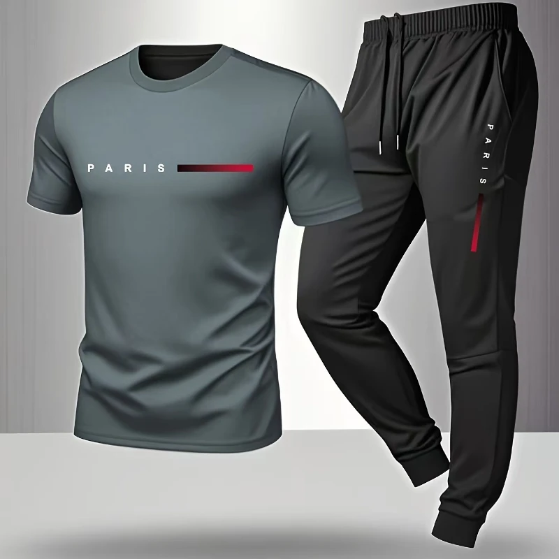 

Men's casual suit spring summer new style letter print American trend outdoor sports fashion short sleeved pants two-piece set