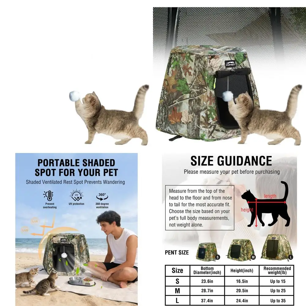 

Складная вентилируемая палатка для кошек для дома и улицы с отсоединяемой игрушкой-мячом, солнцезащитным козырьком и нескользящим ковриком для кошек весом до 15 фунтов