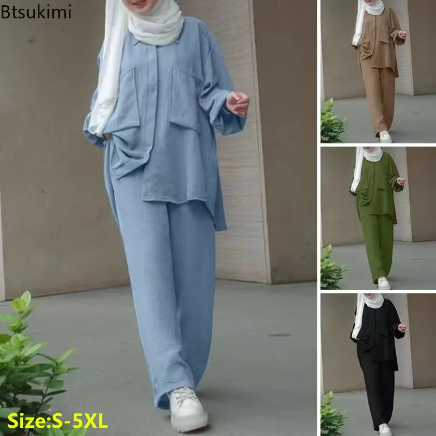 Women Casual Muslim Suit Solid Abaya Eid Ramadan Long Sleeve Blouse+Pants 2 Piece Set Dubai Turkey Kaftan Women Islamic Clothing