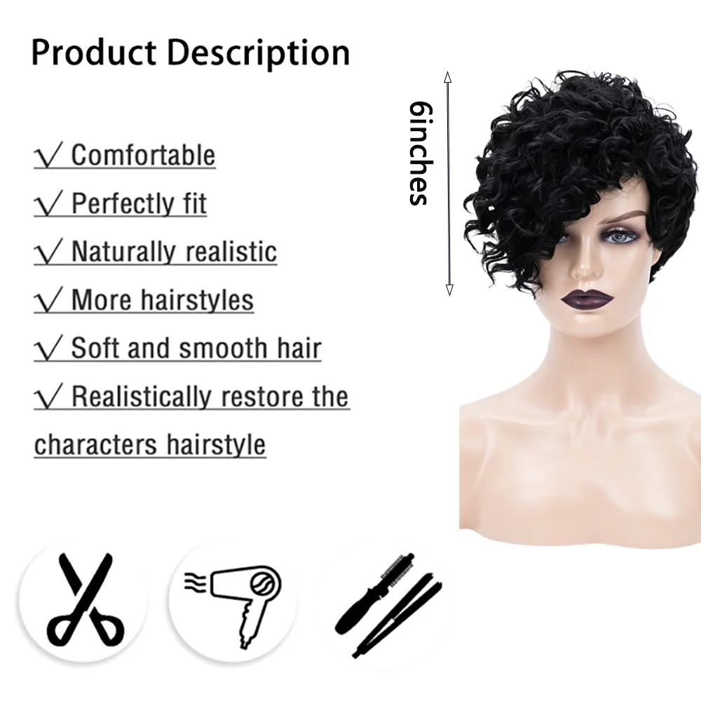 Women's Short Curly Black Wig Side Part Pixie Cut Natural Synthetic Heat Resistant Hair Wigs For Daily Party Cosplay Halloween