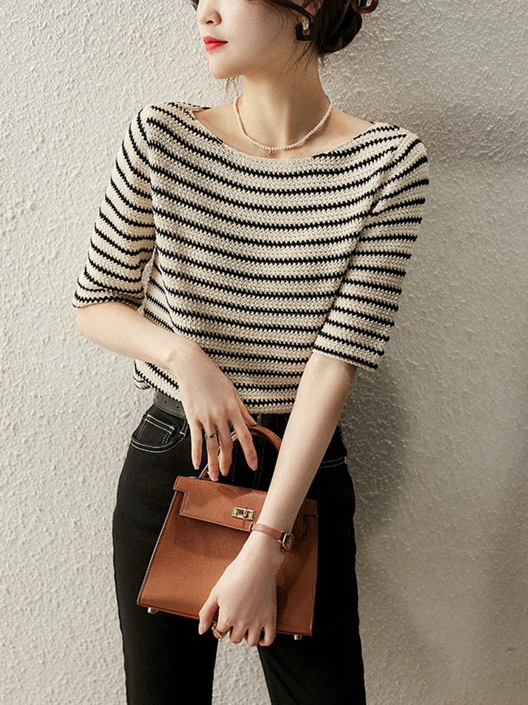 2022 Summer Fashion Women Knitted Tops Half Sleeve O Neck Loose Thin Tshirts T Shirt Female Striped Basic Casual Tee Shirt Femme