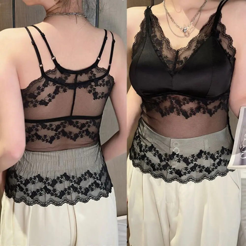 Sweet Mesh Transparent Lace Camisole Sleeveless Thin Lace Sling Crop Tops Slim Fit Undershirt Suspender Vest Spring Summer