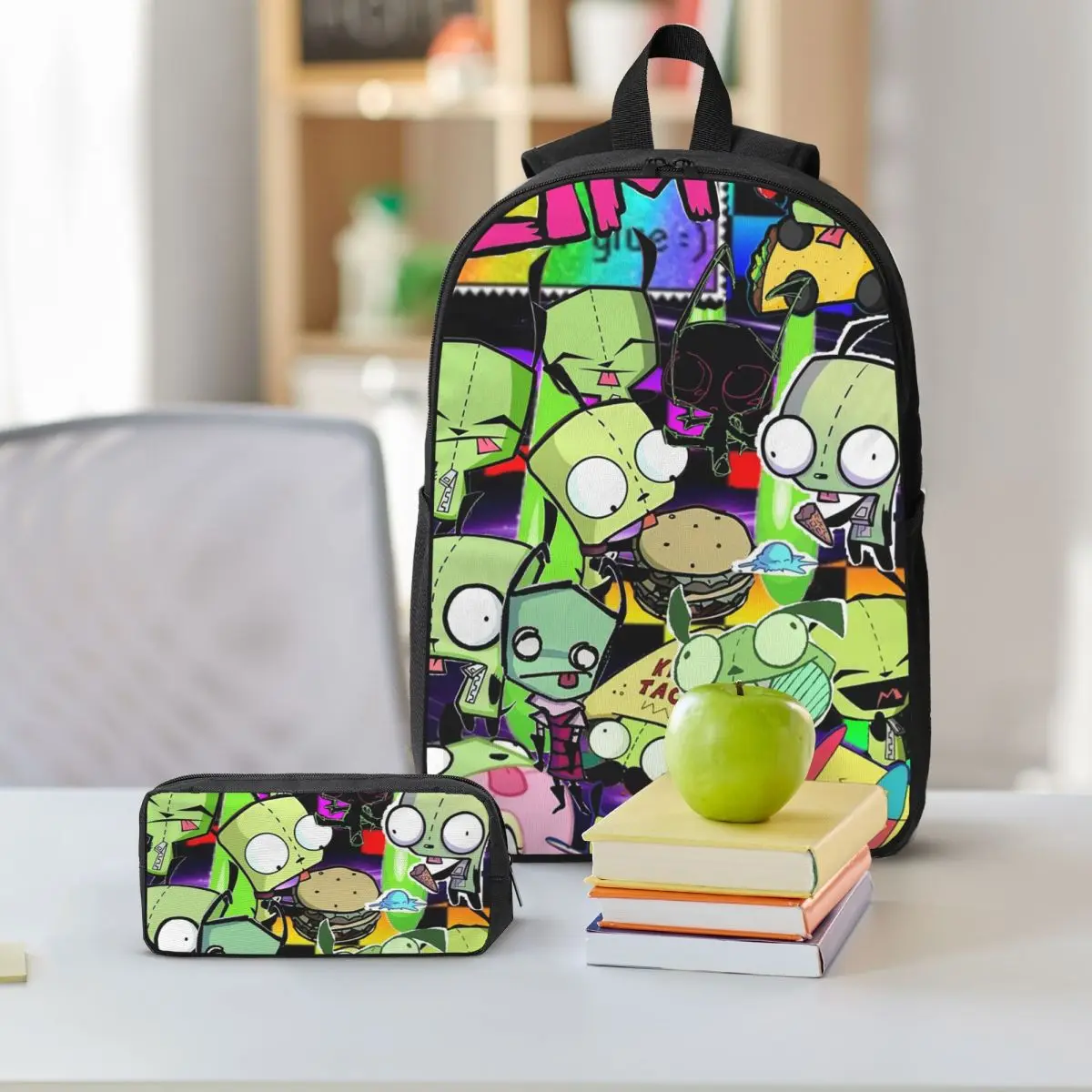 Invaders Zims Anime Cartoon Alien Backpack Student BookBag School Bag Shoulder Bags 3ps Insulated Lunch Bag Pencil Case