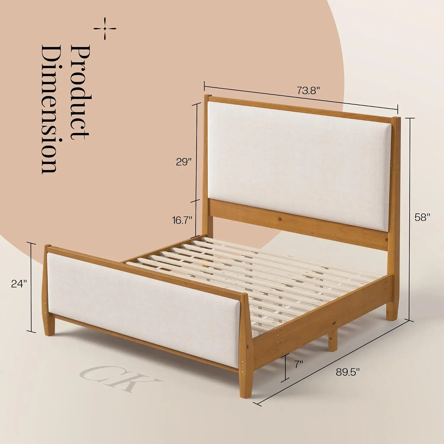 California King Bed Frame with Upholstered Headboard, Solid Wood Platform No Box Spring, Easy Assembly, Customized