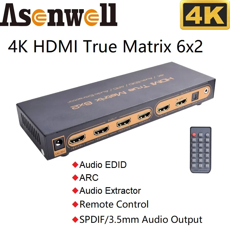 4K HDMI Switch Splitter Matrix V1.4 6 In 2  Audio EDID Setting ARC PIP Function HDMI Audio Extractor SPDIF 3.5mm Remote Control