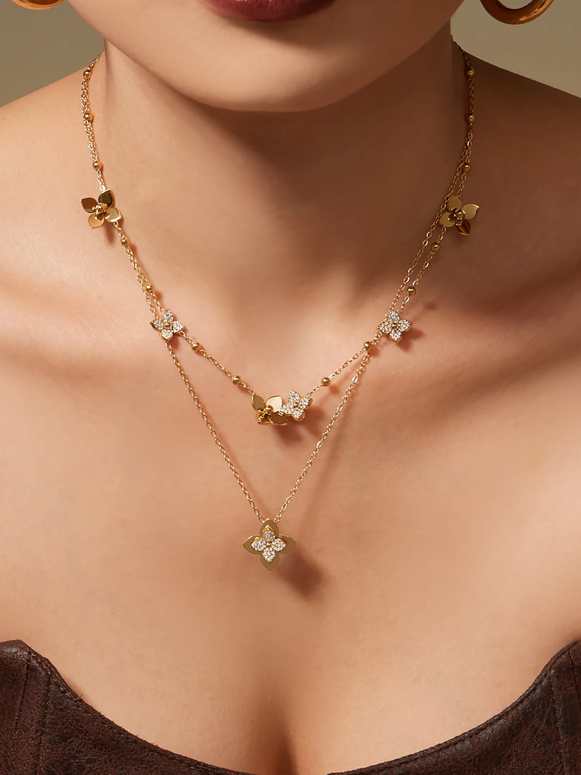 Nivora Beautiful Cubic Zirconia Flower Pendant Chain Necklaces Rings Women Stainless Steel Wedding Banquet Choker Jewelry Set
