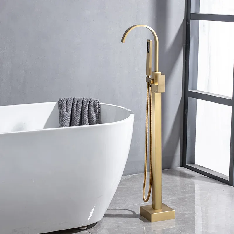 

Brushed Gold Brass Floor Mounted Bathtub Faucet Hot And Cold Water Mixer Tap