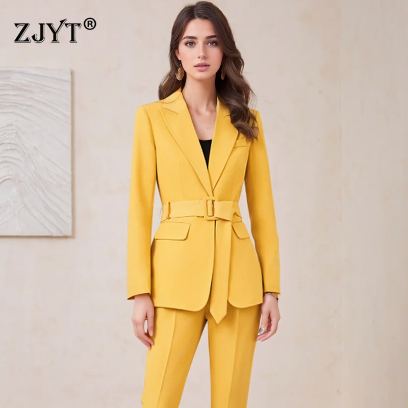 ZJYT Elegant Ladies Formal Lace Up Blazer Suit Pants Sets for Women 2 Pieces Trousers Matching Set Jacket Coat Outfit Autumn New