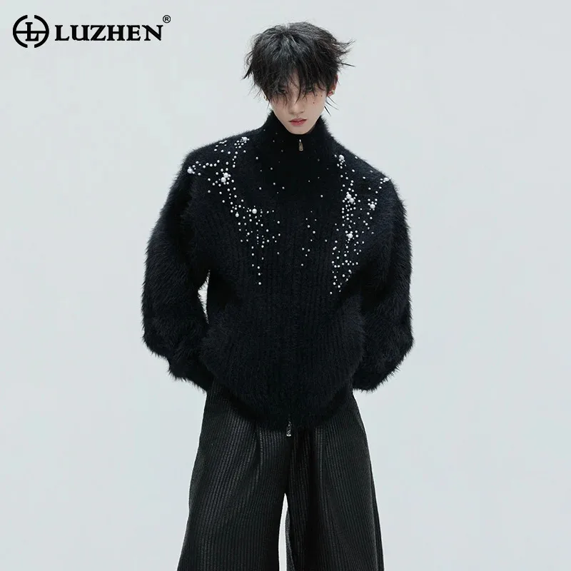 

LUZHEN High Quality Elastic Sleeve Knitted Cardigan Double Zipper Design Men's Fashion Handsome Pearl Decorate Sweater JY4798