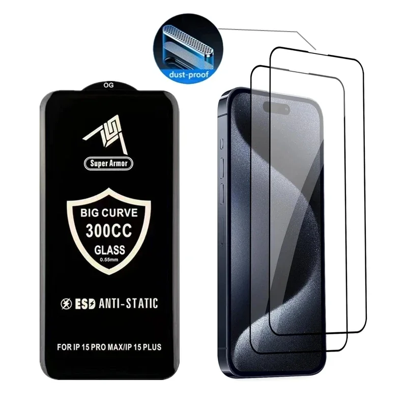 2 piezas de vidrio templado curvo de 300CC para iPhone 16 13 11 12 14 15 Pro Max, protector de pantalla antiestático ESD para iPhone 17 X XR XS 3