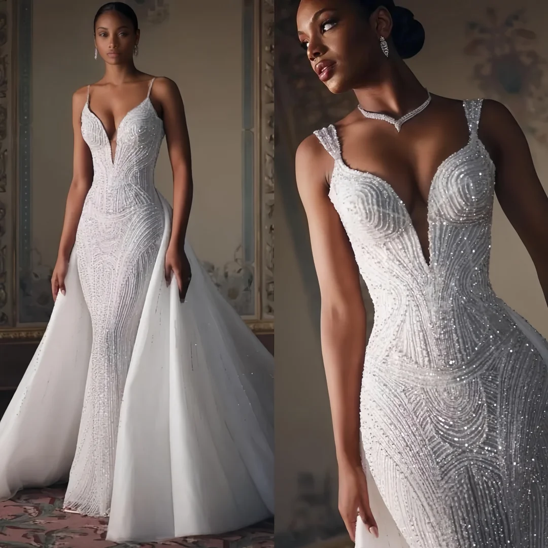 Suknia Ślubna Syrena Koronka Koraliki 2 w 1 Elegancka Głęboki Dekolt w Serek Bez Rękawów Suknia dla Panny Młodej Vestidos De Novia