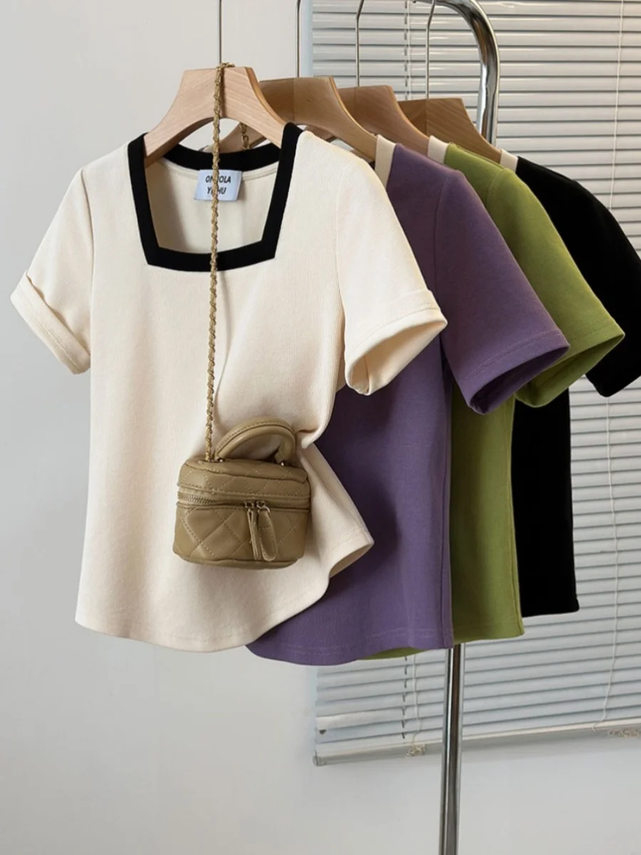 plus Size Short Sleeve T-Shirt Women Summer Loose Meat Covering Color Block Top High-End Feeling All-Match Shoulder Level Base