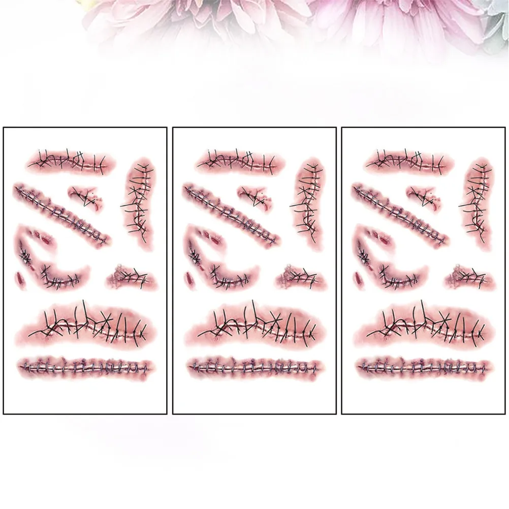 3Pcs Bloody Wound Scar Tattoos Halloween Temporary Body Stickers Realistic Scab Effect for Waist Back Neck Arms Legs Cosplay