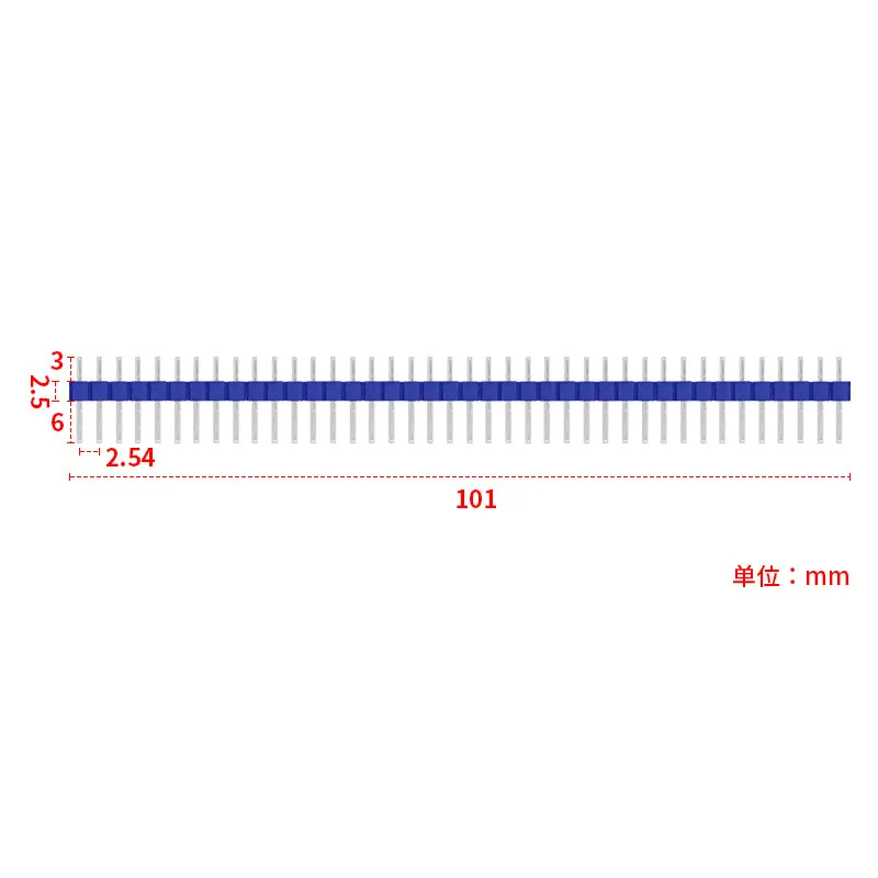 Single row 2.54mm pitch 40-pin header connector, black white yellow blue red single row straight pin header