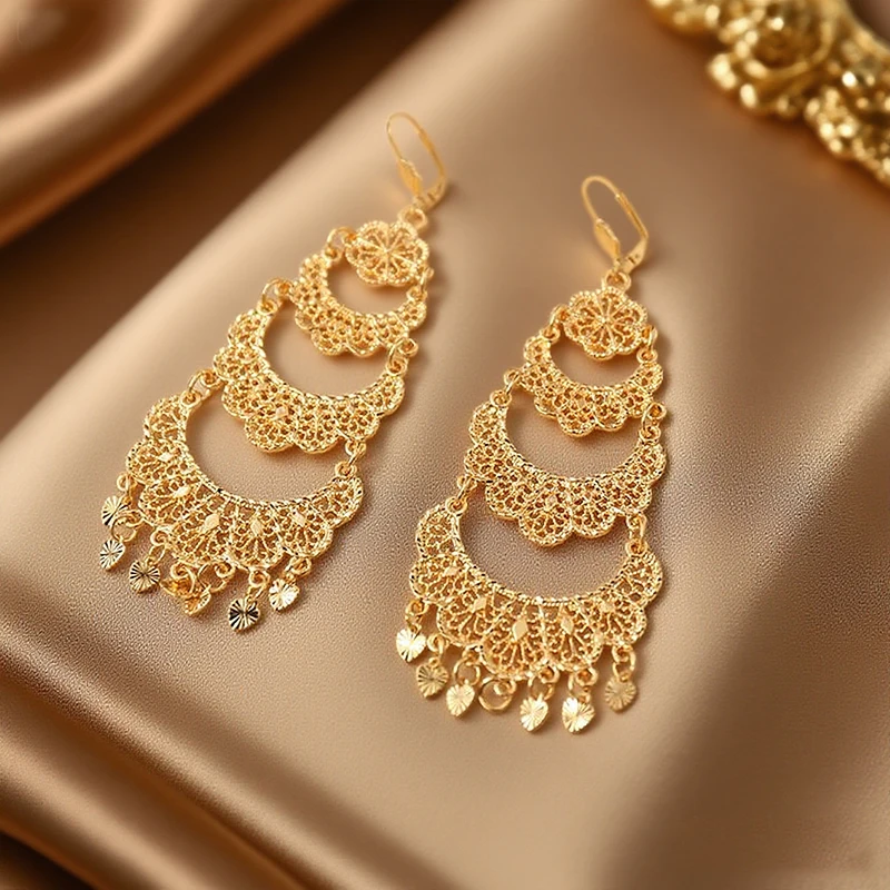 Arabesque Gold Plated Dangle Earrings with Heart Shape Tassels for Women Luxury Wedding Bridal Drop Earring Set