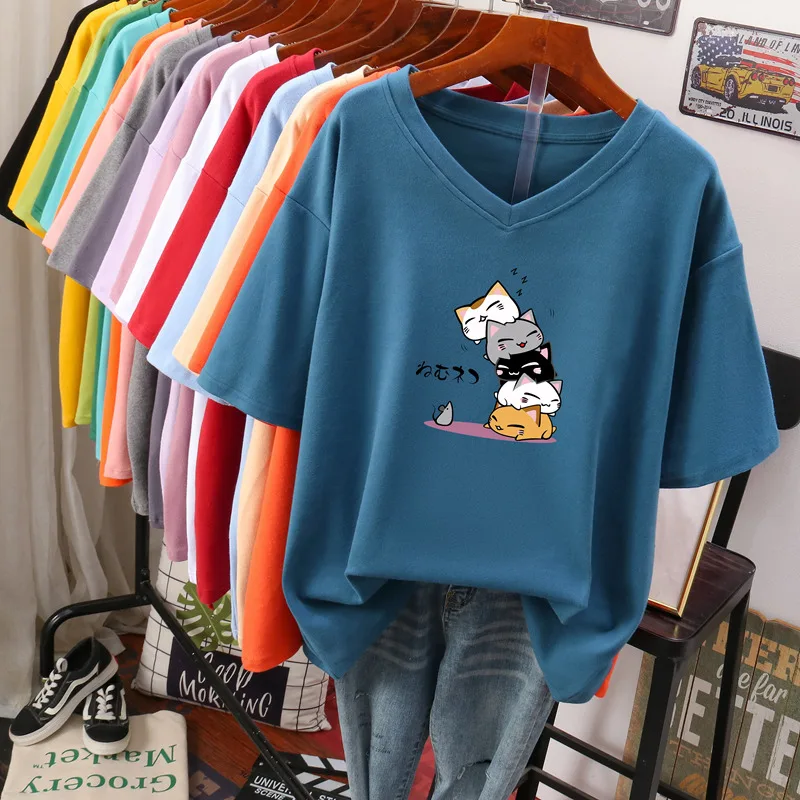 Plus Größe 200 Pou Reine Baumwolle ort Sve T-shirt frauen Lose V-ausschnitt Koreanische Sle Sommer Kleidung Abnehmen Bauch Abdeckung