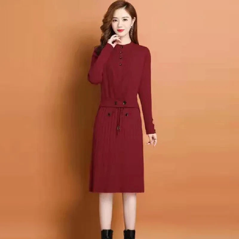 Thicken Velvet Lined Long Sleeve Knitwear Sweater Dresses Fake 2 Piece Knitted Dress Warm Winter Mid-length Elegant Vestidos