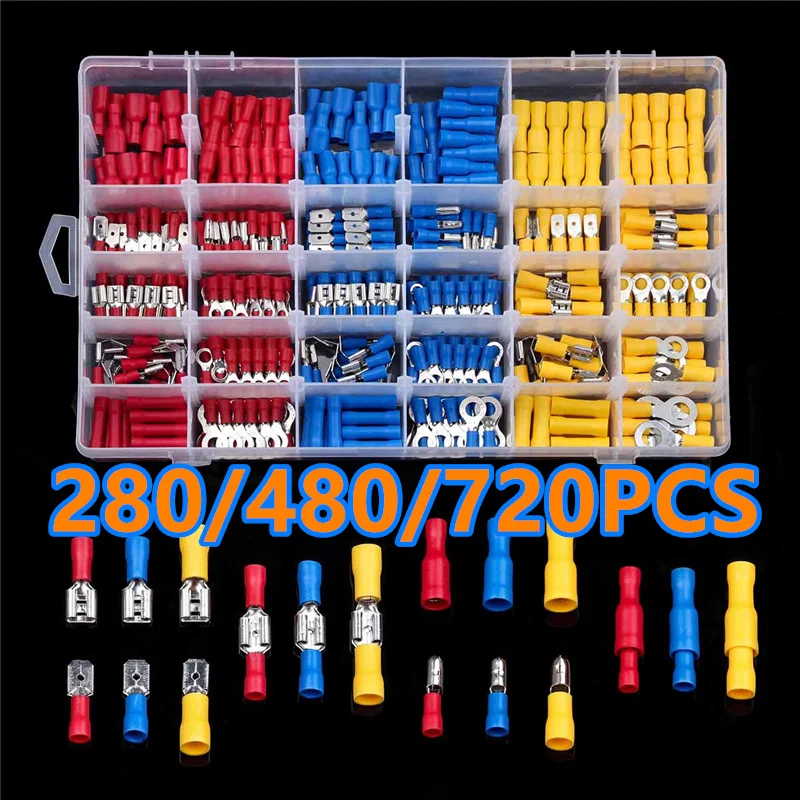 280/480/720PCS Insulated Cable Connector Electrical Wire Assorted Crimp Terminals Spade Butt Ring Fork Set Rolled Terminals Kit