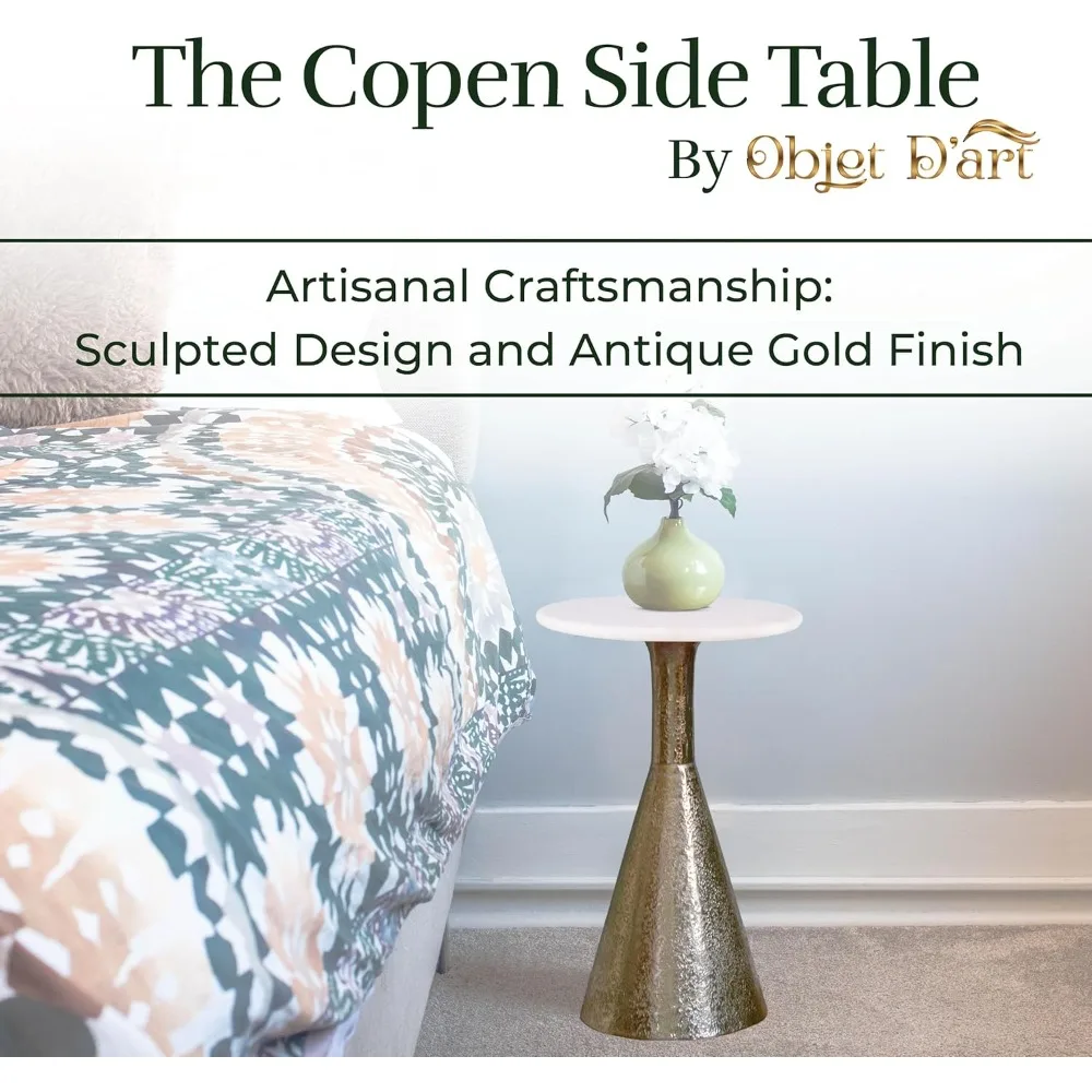 طاولة نهاية معدنية مستديرة صغيرة باللون الذهبي العتيق، طراز كوبنهاغن، 22 طويلًا، قاعدة بقاعدة، مثالية للجانب والكوكتيل وخدمة المشروبات